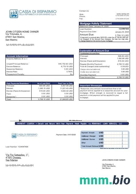 San Marino Cassa di Risparmio Bank wyciąg z kredytu hipotecznego w formatach Word i PDF